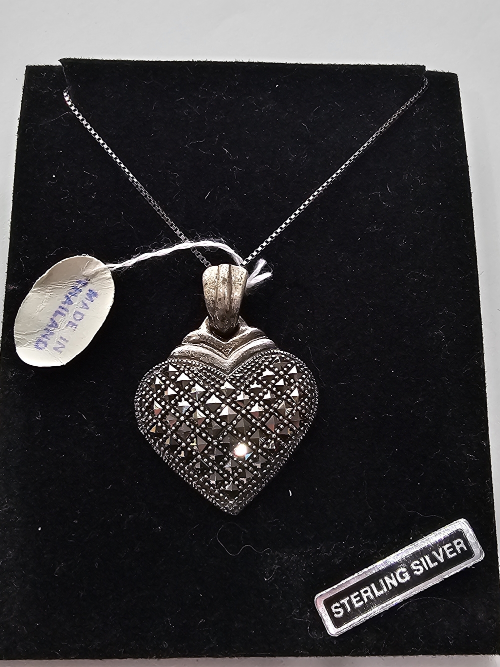 925 NOS Art Deco Sterling Silver Heart Pendant Necklace. Marcasite 24" Vtg
